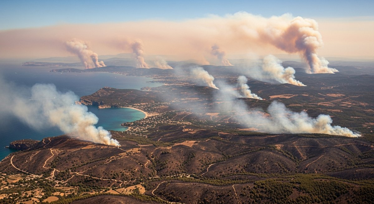 Aerial view of multiple wildfire smoke plumes rising across a broad Mediterranean European landscape showing regional fire cr