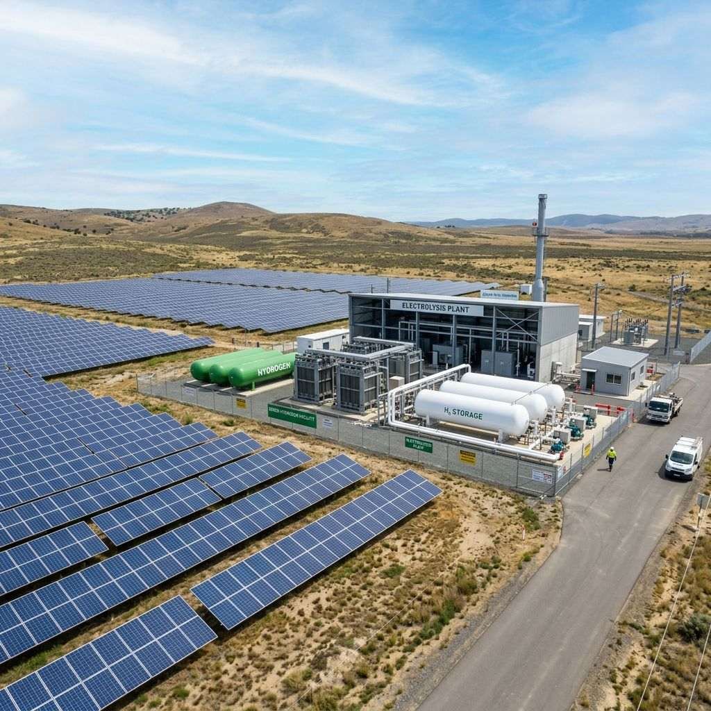 Electrolysis plant with hydrogen storage tanks beside large solar panel arrays in a rural area