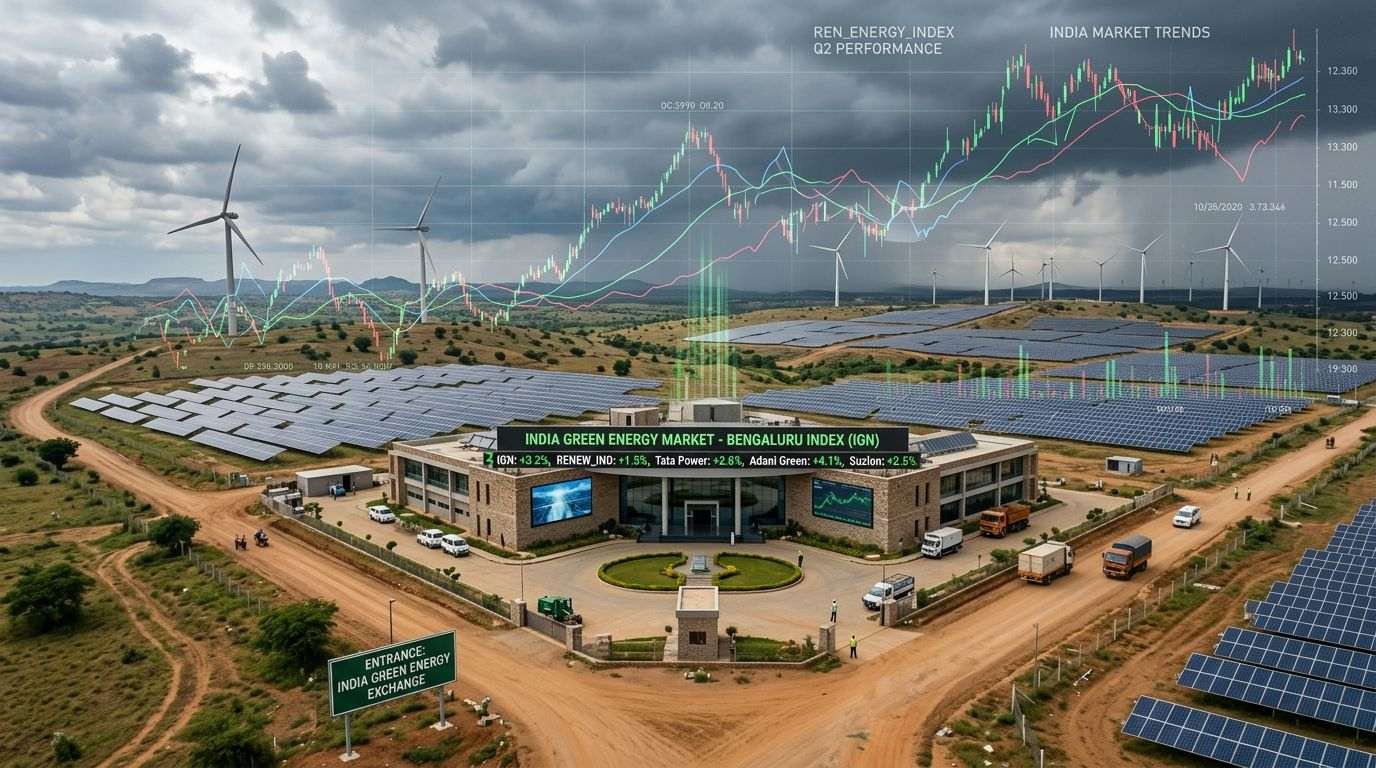 Solar panels and wind turbines at a green energy exchange facility with financial market trend overlays
