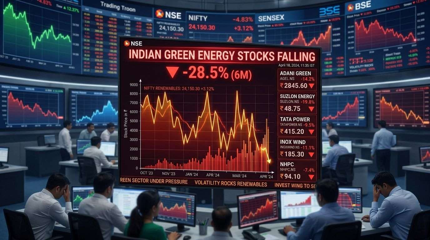 Stock market display showing Indian green energy stocks falling 28.5% over six months with individual company declines