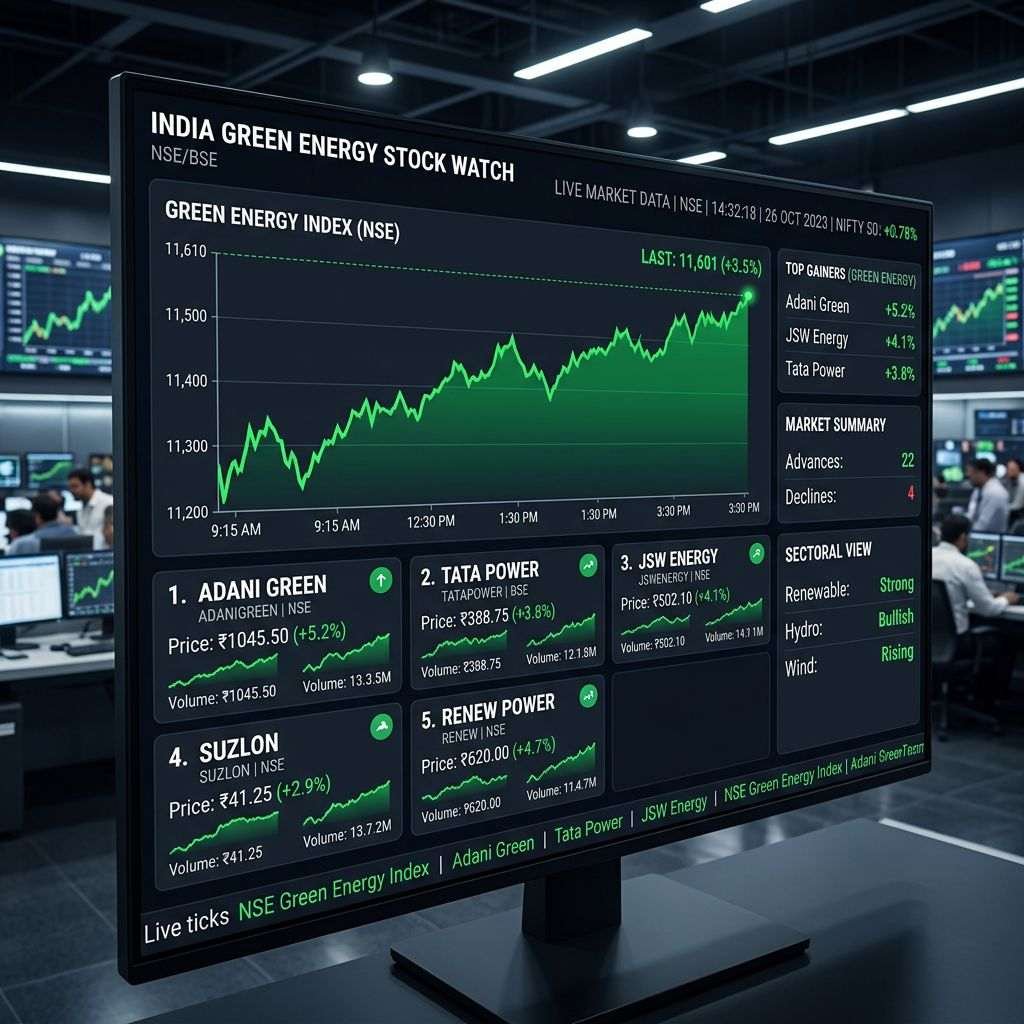 Stock market dashboard displaying India's green energy index with prices, volumes, and sector summary