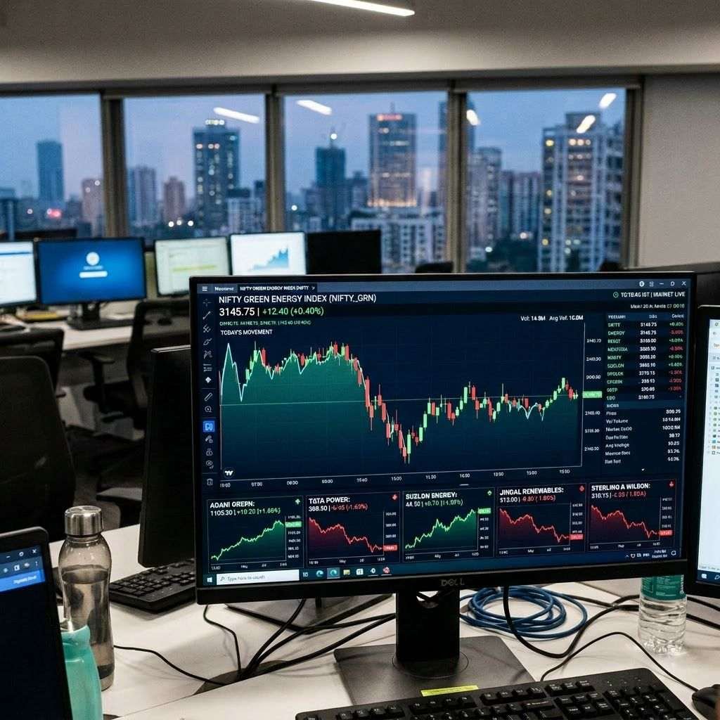 Office environment with traders at desks and large monitor showing stock market charts and data