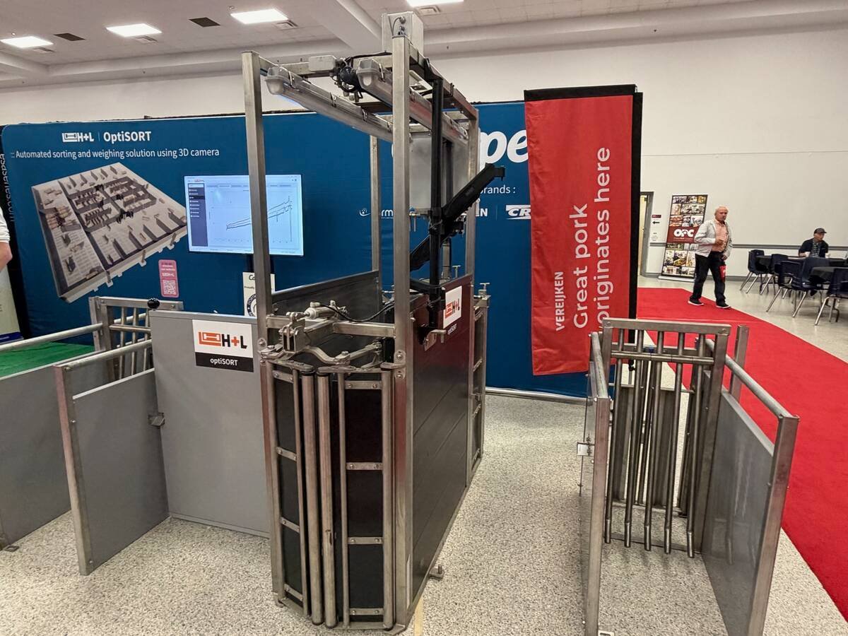 The OptiSort 3D camera weighing system at the 2026 Ontario Pork Congress. Photo: John Greig