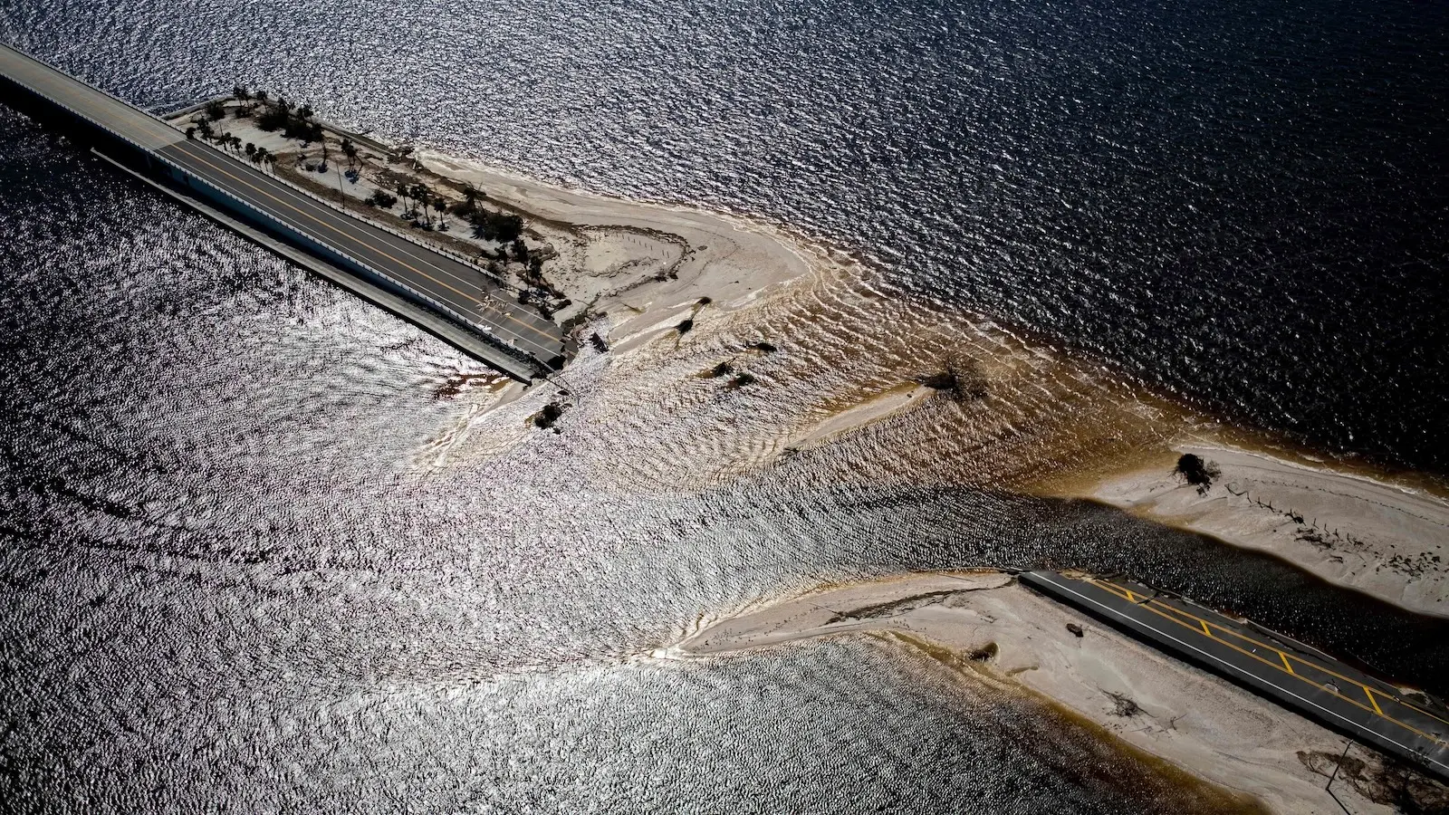 A portion of Sanibel Causeway in Florida collapsed during Hurricane Ian in September, 2022.