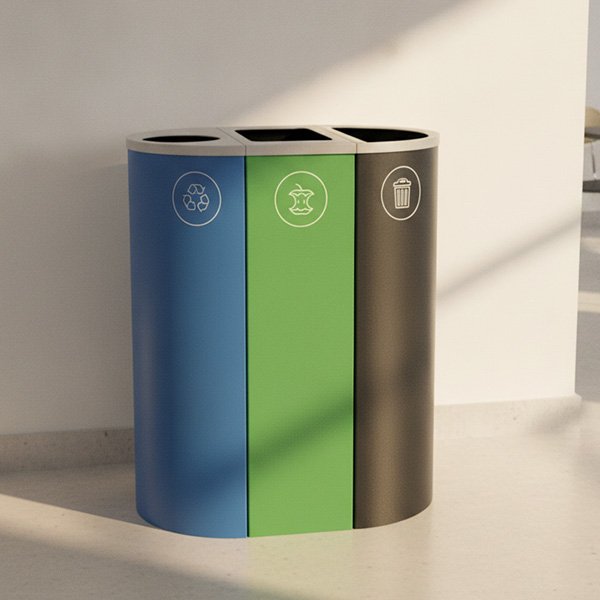 a recycling, compost, and trash bin