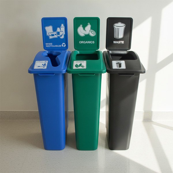 a recycling, compost, and trash bin