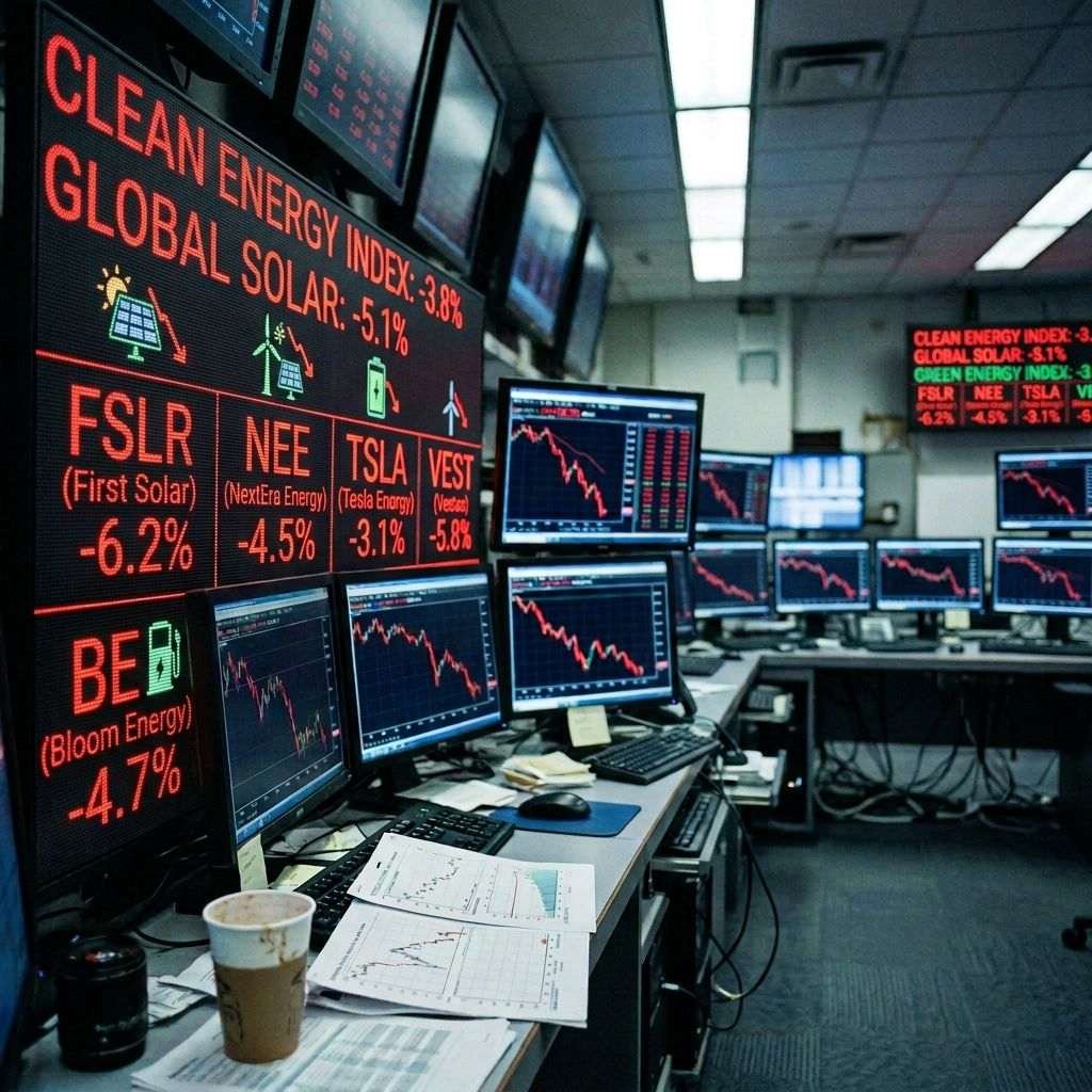 Trader seated at desk with multiple monitors showing downward stock charts and red financial figures