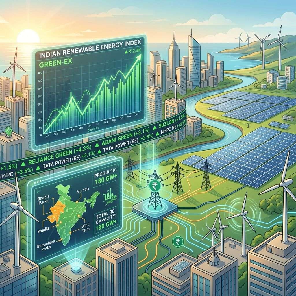 Graph of Indian renewable energy index rising alongside map showing renewable energy parks and solar and wind power infrastructure.