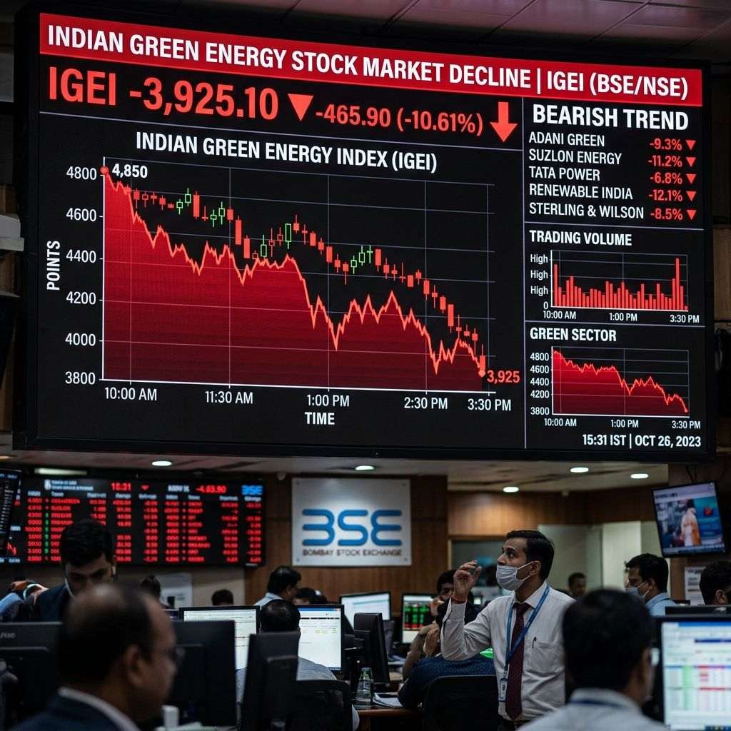 Indian Green Energy Index decline chart and stock information on display at Bombay Stock Exchange