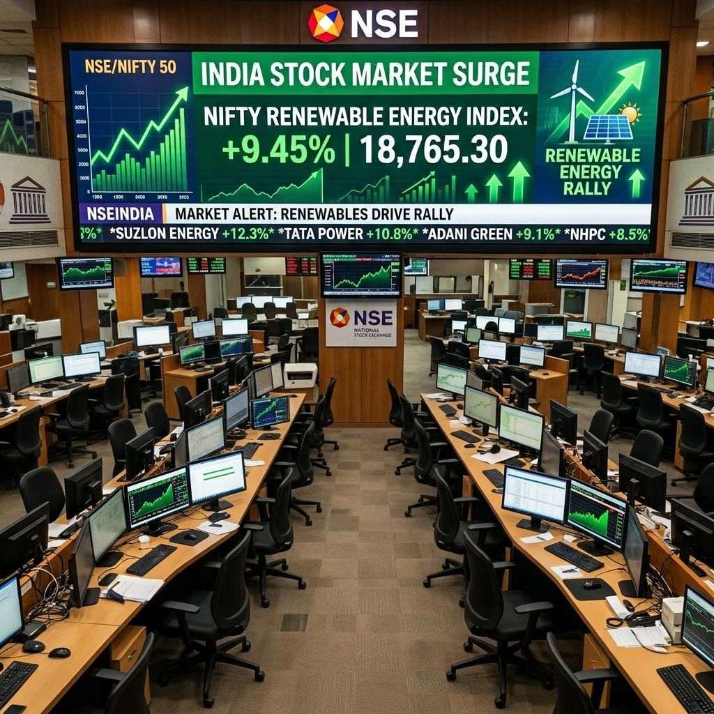 Traders celebrating renewable energy stock rally at NSE trading floor with growth charts