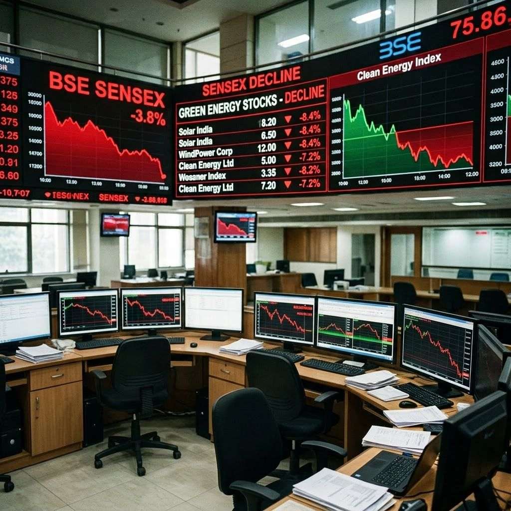 Traders in an office watching multiple screens showing sharp declines in BSE Sensex and green energy stocks