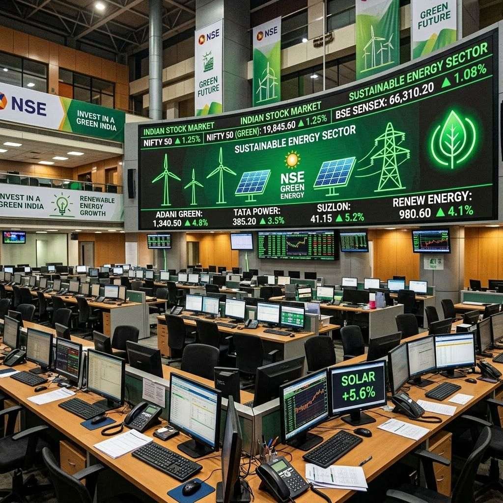 Busy Indian stock market trading floor with large screen showing sustainable energy sector stock prices