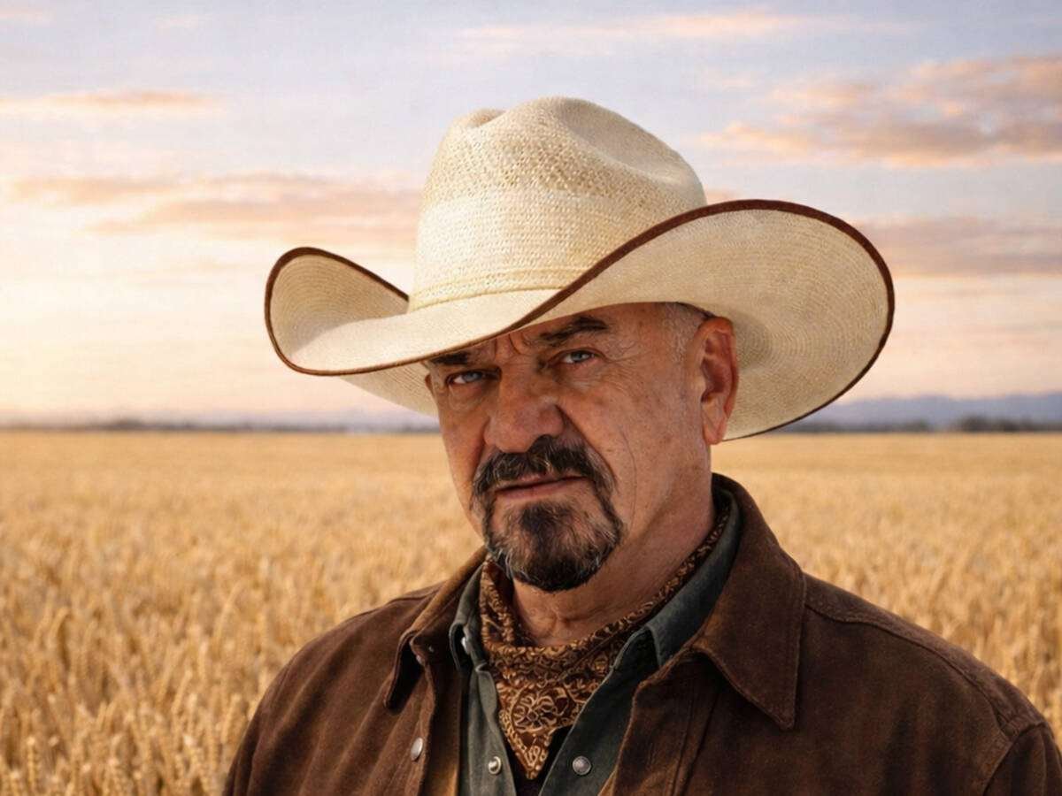 Robert Andjelic, wearing a straw cowboy hat and brown jacket, stands in front of a ripe wheat field. Photo: supplied