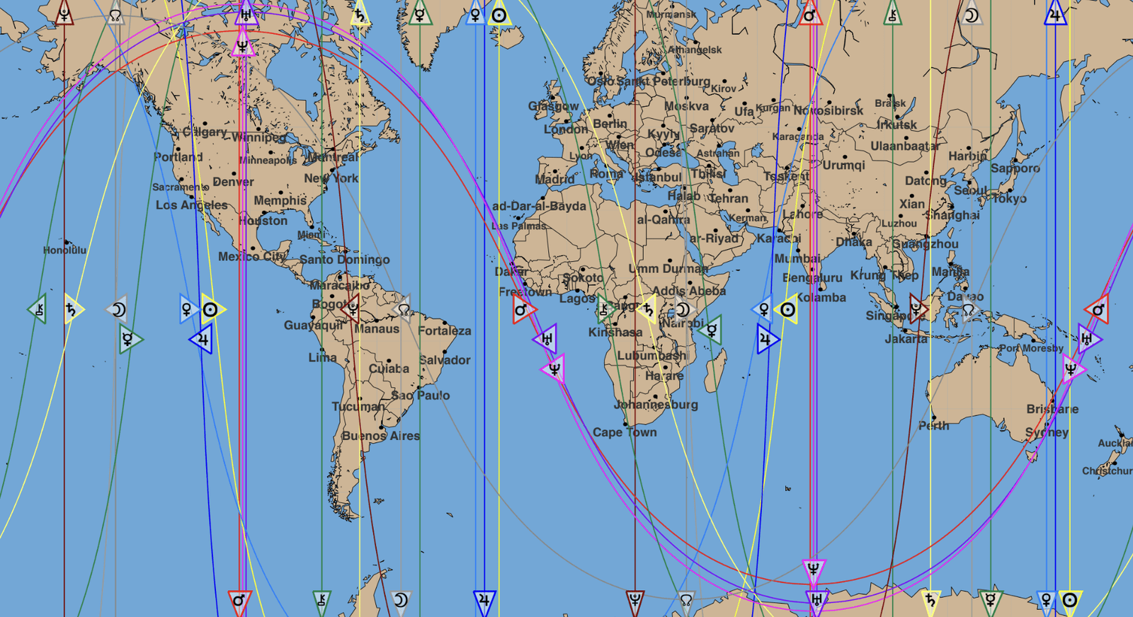 World map overlaid with colored lines and symbols, representing various intersecting paths and nodes across continents and oceans.