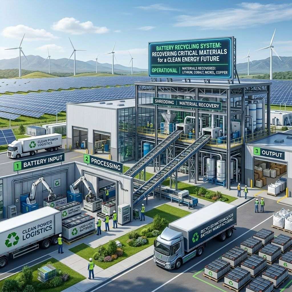 Battery recycling facility processing used lithium-ion batteries for recovery and reuse