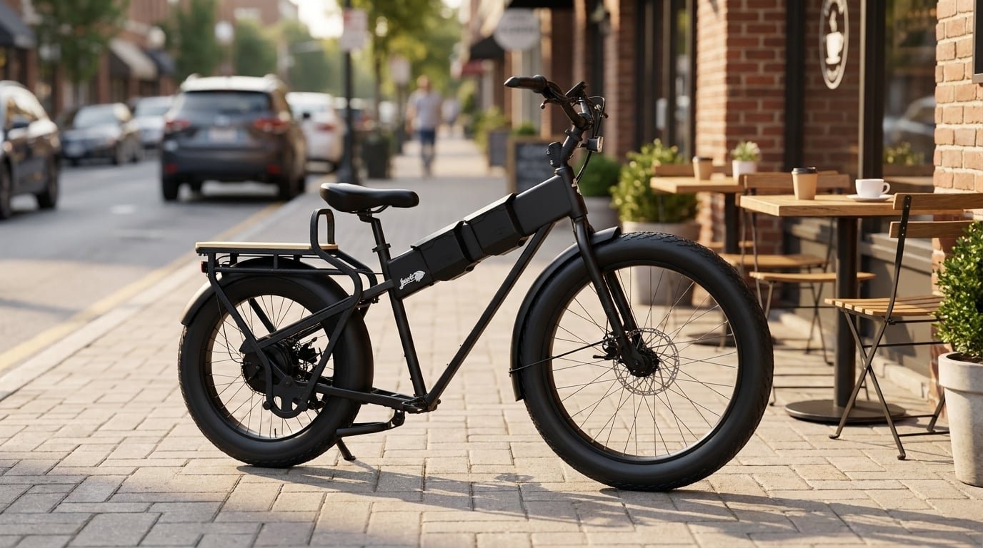JackRabbit MG Cargo rear bamboo rack and 3-inch mullet tires loaded for an errand