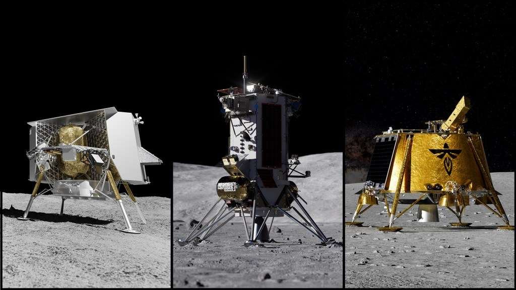 Current image: Tres representaciones digitales muestran módulos de aterrizaje lunar comerciales de Astrobotic, Intuitive Machines y Firefly en la Luna. La NASA anunció el 30 de junio que estos módulos de aterrizaje entregarán más investigaciones científicas y demostraciones tecnológicas de la NASA en la superficie lunar para el programa Base Lunar de la agencia.