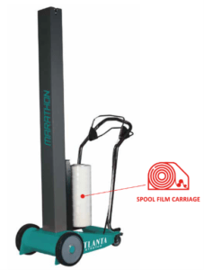 A stretch wrap machine with a vertical spool film carriage, designed for packaging. The base is labeled "Atlanta" and "Marathon" is written on the vertical column.