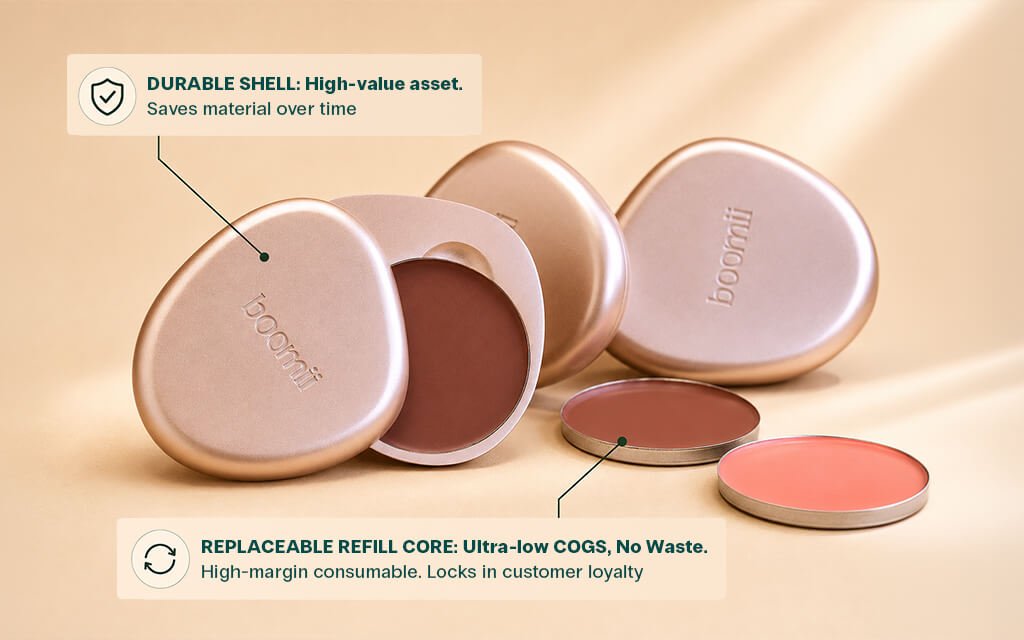 Boomii EPR compliance packaging with a durable outer shell and replaceable refill components by Zenpack.
