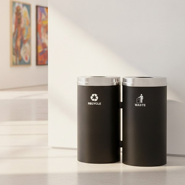 a set of glaro waste and recycling bins with clear labels to ensure correct sorting