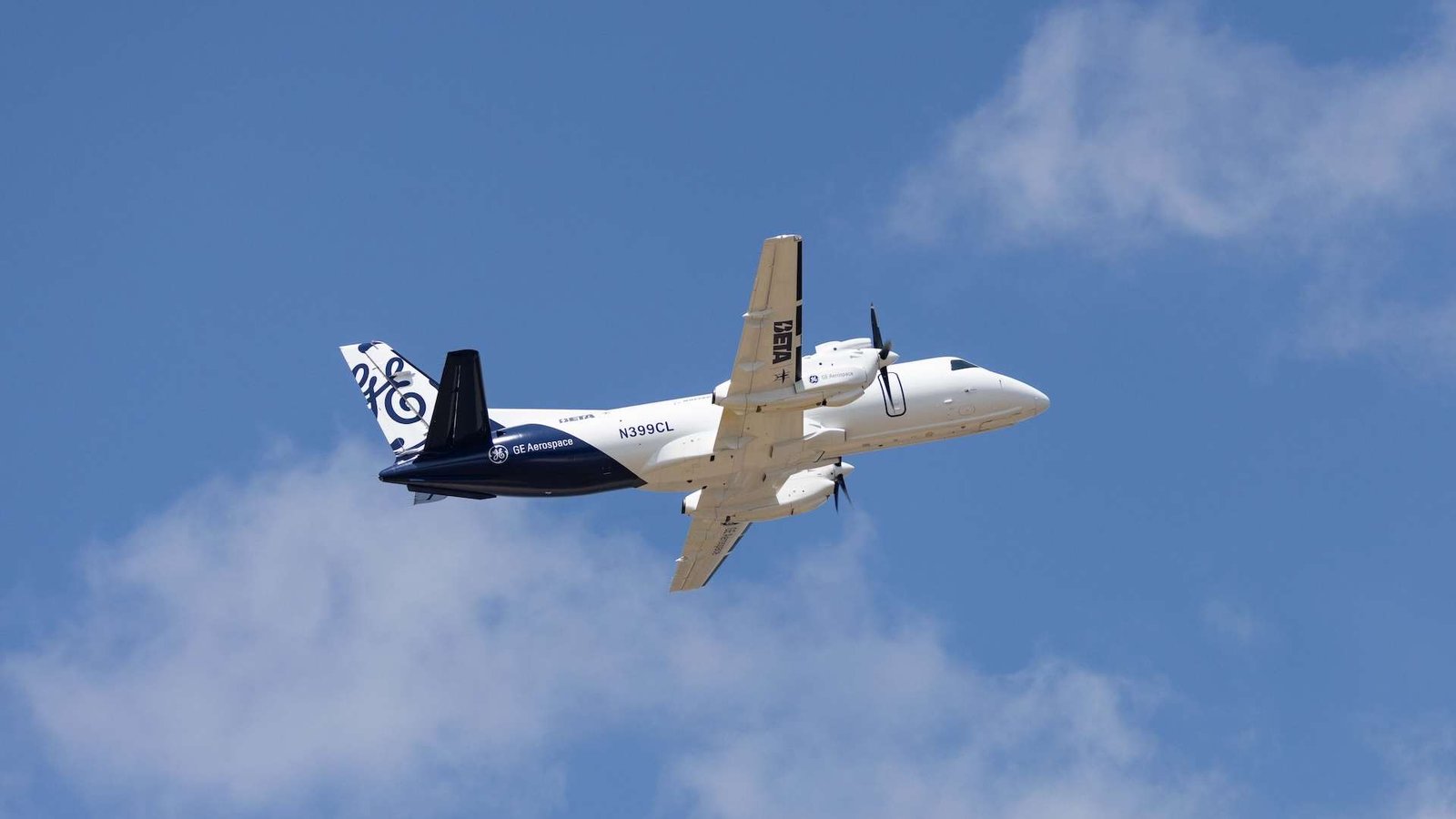 Modified Saab 340, a hybrid-electric aircraft in flight.