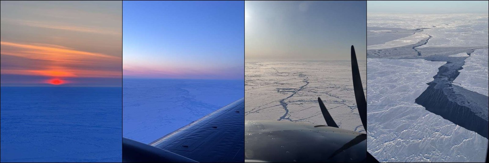 A collage of four vertical aerial photographs showing different views of sea ice. From left to right: 1) A vibrant orange and red sunset glowing just above the horizon over a vast expanse of dark blue, shadowed sea ice. 2) A view from an aircraft window showing a section of the plane's wing in the foreground, overlooking a sprawling plain of blue-tinted ice beneath a clear sky that fades to pink at the horizon. 3) A view looking past an airplane's dark engine cowling and propeller blade, showing bright white sea ice fractured by a network of dark, branching cracks under a bright, hazy sun. 4) A downward aerial view of heavily textured, bright white sea ice split by a wide, jagged, dark crack (a lead) exposing the open water beneath.