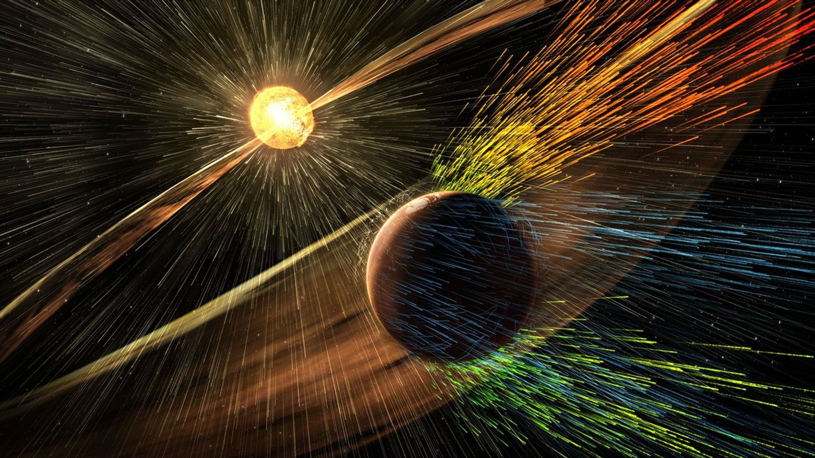This illustration depicts charged particles from a solar storm stripping away charged particles of Mars' atmosphere, one of the processes of Martian atmosphere loss studied by NASA's MAVEN mission, beginning in 2014.