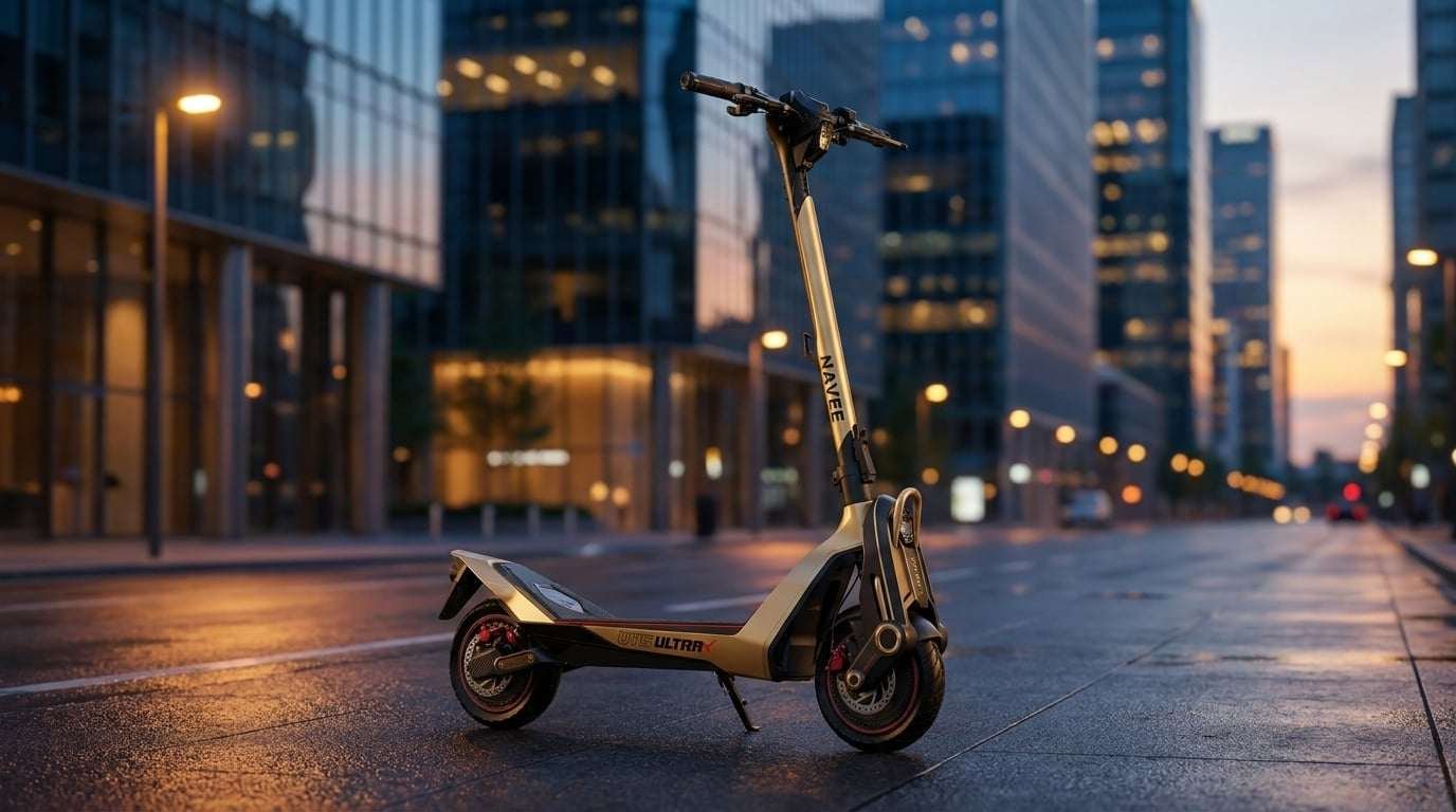 Navee UT5 Ultra X First Look 7 Navee UT5 Ultra X supercar-styled standing electric scooter parked on a city street