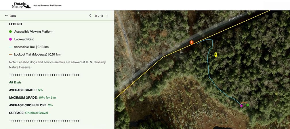 Points of interest, parking locations, and trail conditions at H.N. Crossley and 12 other nature reserves can be found in this StoryMap