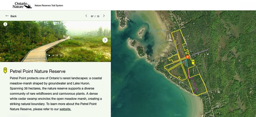 The interactive map lets visitors view the trails in detail, including those at Petrel Point Nature Reserve, where an accessible boardwalk winds through a coastal wetland