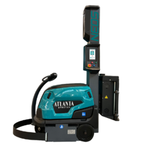 Automated stretch wrapping machine on a white background. It has a teal body and a control panel with buttons and a display screen.