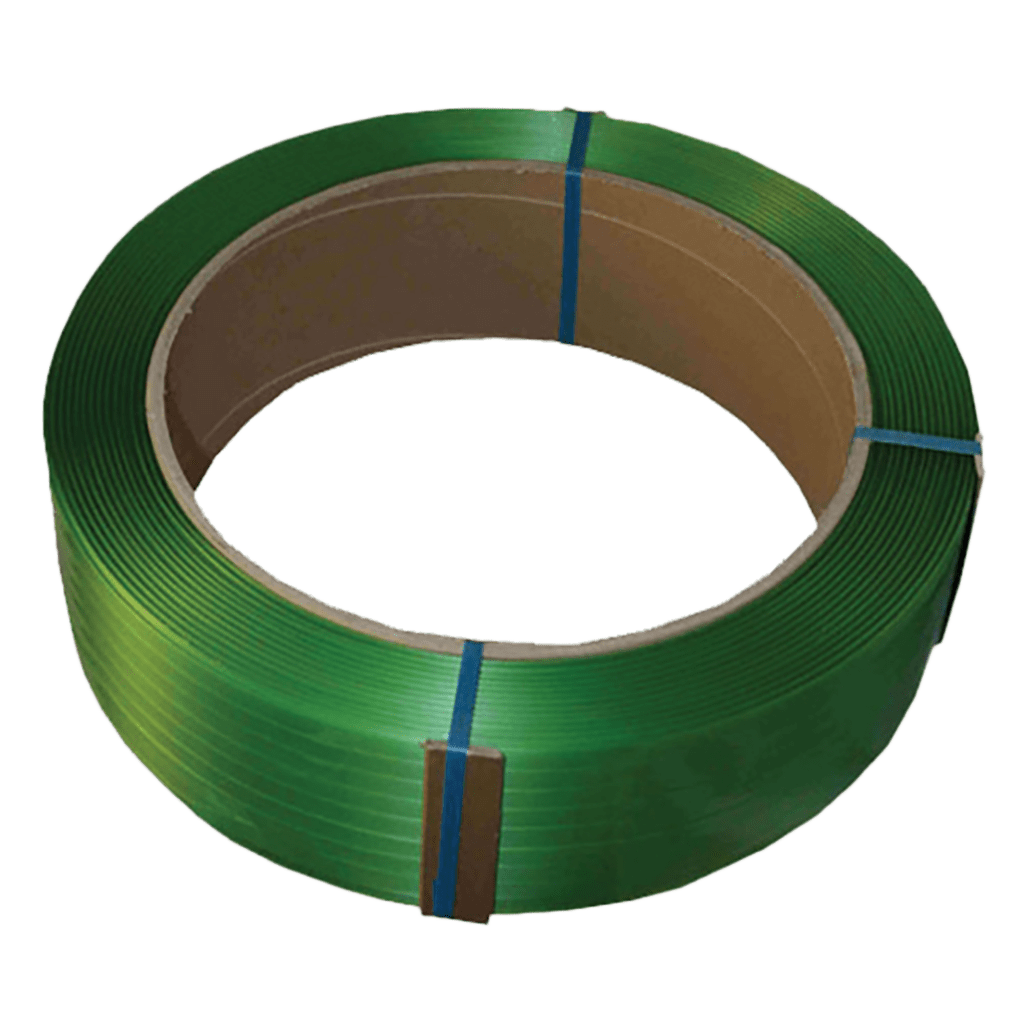 A coil of green plastic strapping, secured with blue bands, is rolled tightly next to a cardboard core.