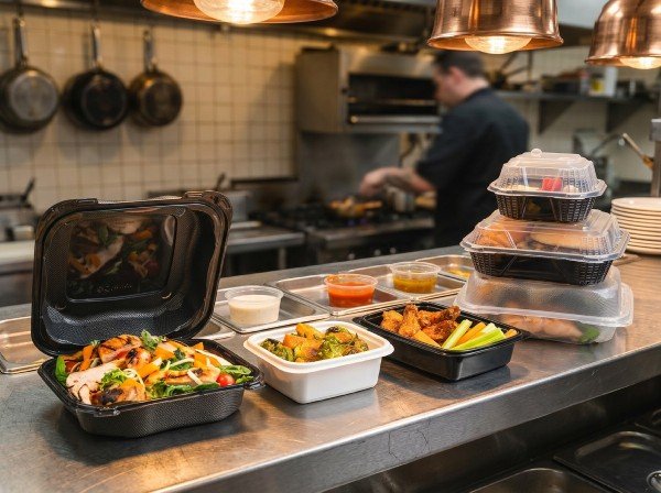 food packaging ready for pick up at fast casual restaurant
