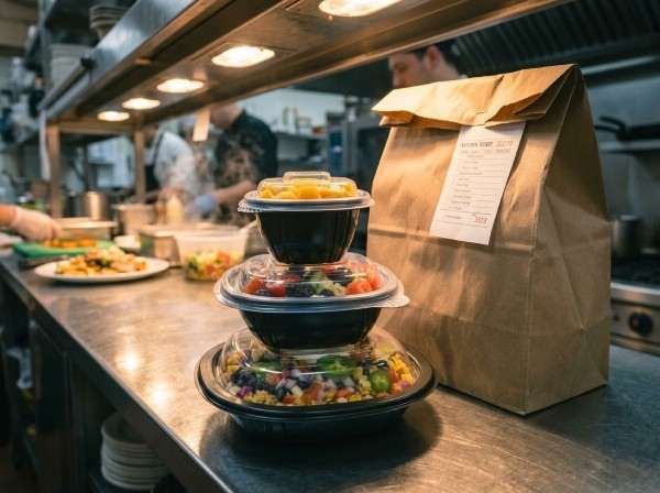 food packaging ready for pick up at fast casual restaurant