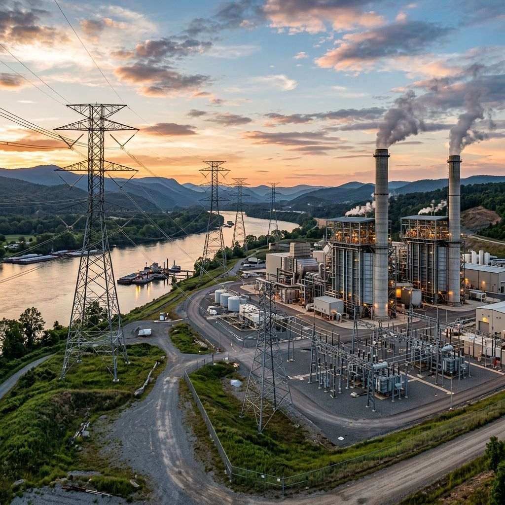 Power plant with smokestacks emitting smoke next to river and mountains at sunset