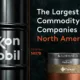 This graphic shows the largest North American-headquartered commodity companies by commodity type, including oil and gas, copper, lithium, uranium, silver, and gold. ExxonMobil leads with a C$857 billion market cap and 235.8 million metric tons of production.