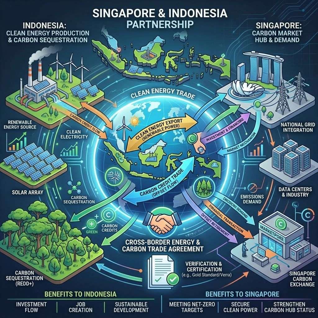 Infographic showing Singapore and Indonesia's partnership in clean energy export, carbon credit trade, and national grid integration.