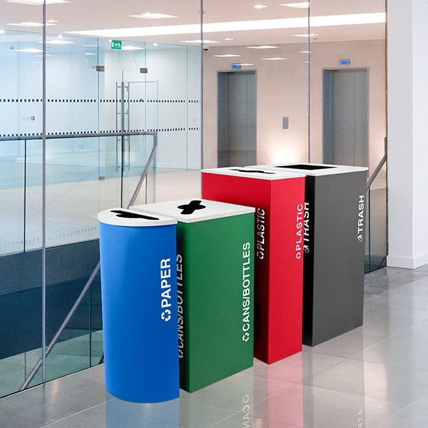 A set of well-designed, clearly labeled trash and recycling bins that will ensure proper sorting