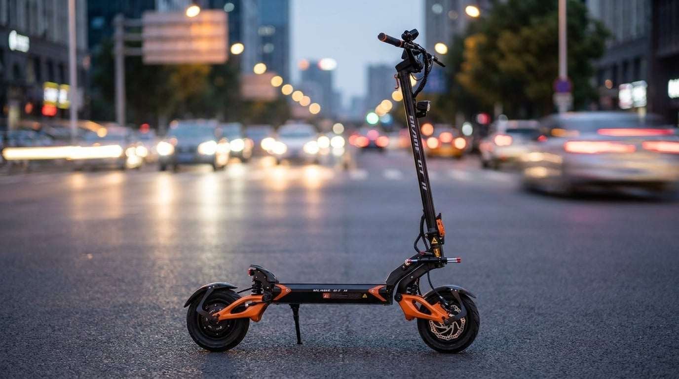 Teverun Blade GT II First Look 11 Teverun Blade GT II dual-motor electric scooter parked on a wet city street
