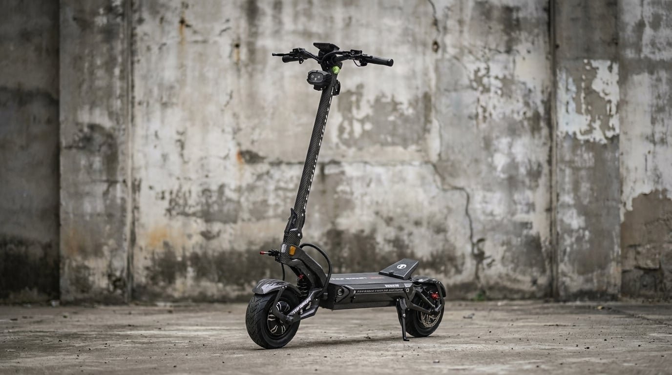 Teverun Fighter Supreme Ultra 2.0 deck, stem, and 11-inch tires from the side