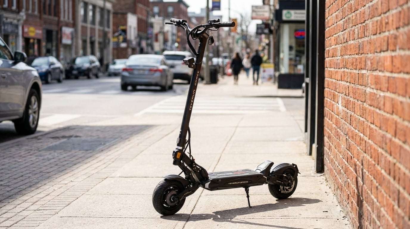 Teverun Space Lite folding electric scooter parked on a city sidewalk