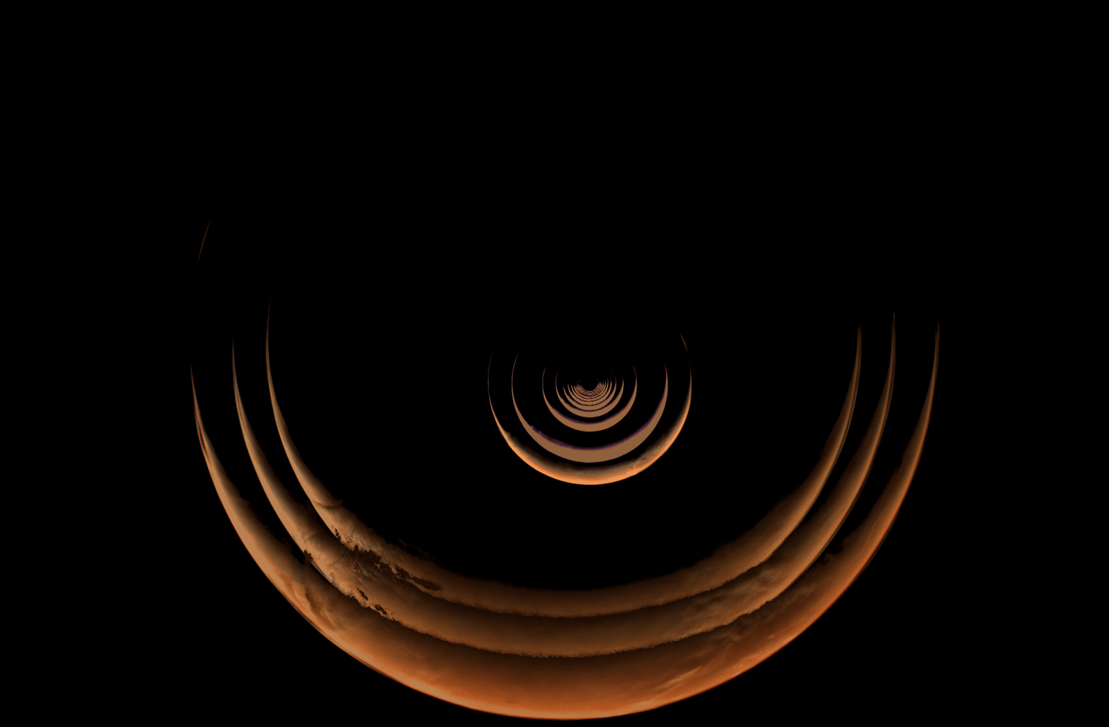 A time-lapse composite against a black background shows a series of concentric, glowing orange crescent planetary horizons that expand outward from a small central point, illustrating a spacecraft's approach during a Mars flyby.