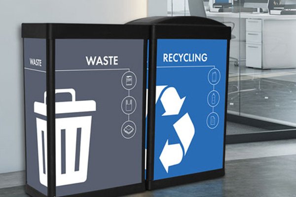 A set of Ergocan waste and recycling bins with clear, well-designed signage that ensures clear, consistent sorting