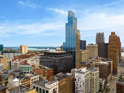 Hudson's Detroit mixed-used development. Aerial view.. Image Courtesy of Bedrock