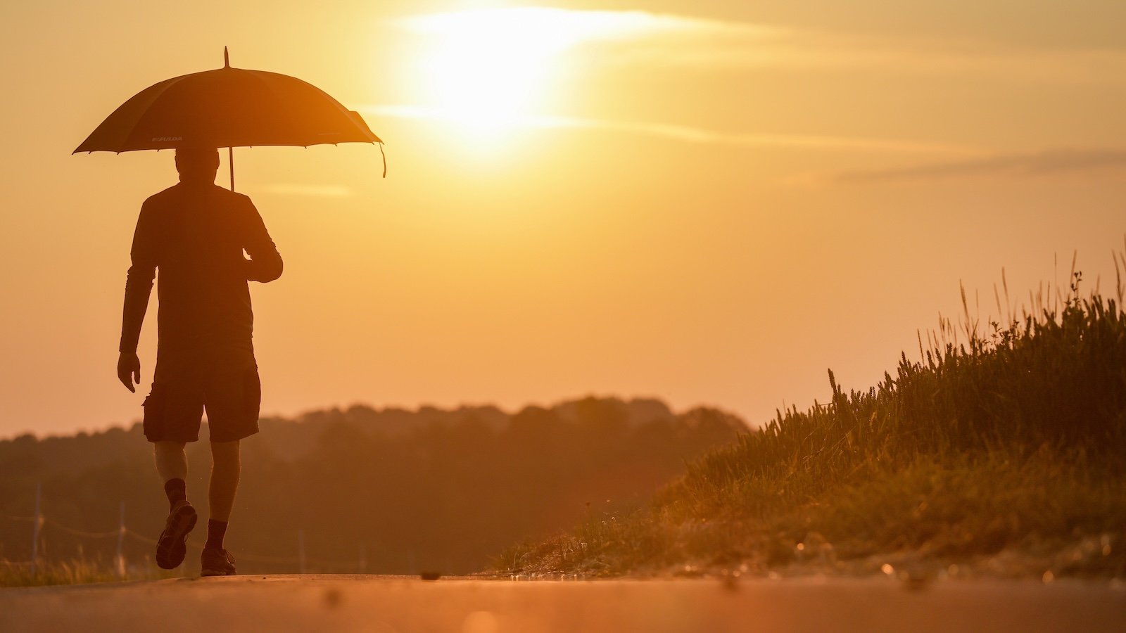 A man is taking a walk with a parasol in the morning.
