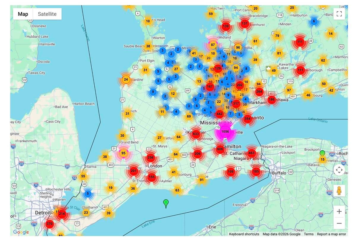 A map of reported tick cases in Ontario.
