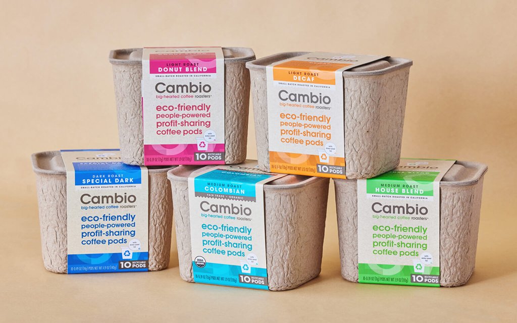 Zenpack created a molded pulp container with a glue-free band that doubles as a countertop recycling bin. Both the pods and bin are fully recyclable or compostable.