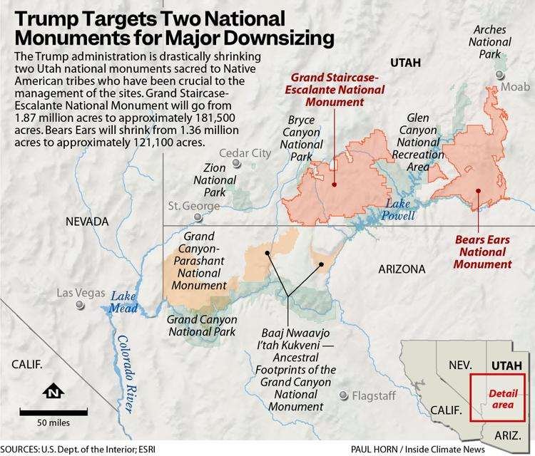 A map of shrunken Utah national monuments