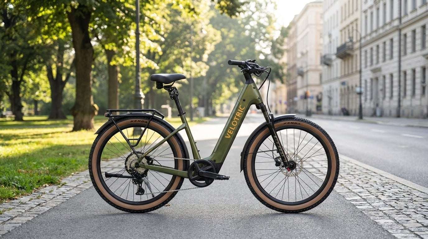 Velotric Discover M First Look: The Discover Goes Mid-Drive 17 Velotric Discover M step-through mid-drive commuter eBike parked on a city street