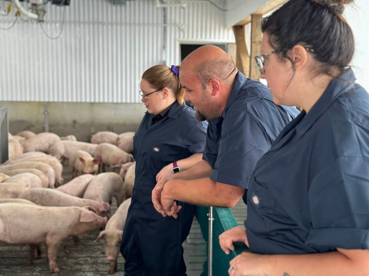 Oxford Country swine farmer TJ Murray (centre) is one of many operators who are working to decrease the risk of PED transmission across the supply chain. Photo: Submitted